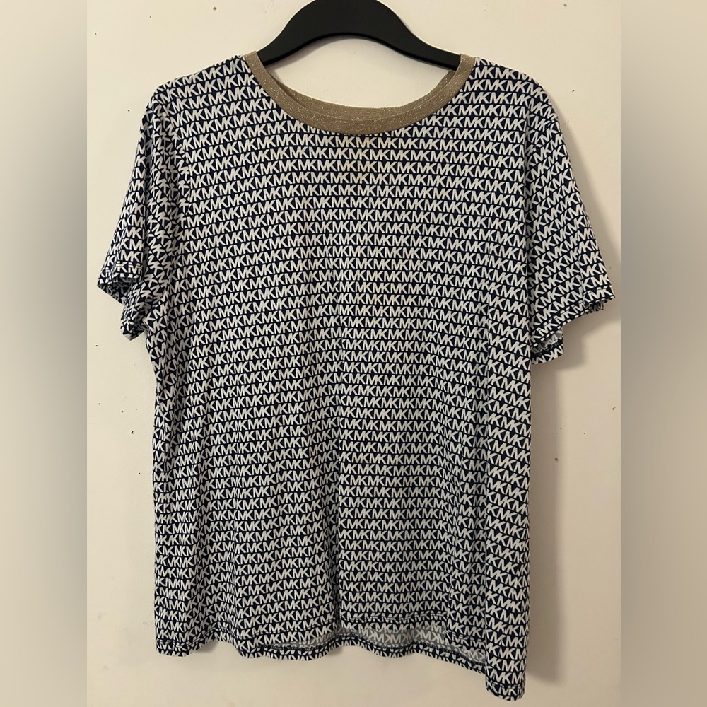 Michael Kors navy and blue tee shirt with gold shimmer rim